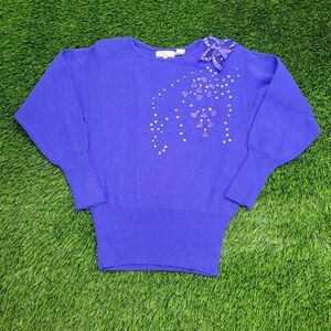 Vintage 90s Flower Sequin Sweater Womens Small 17x25 Blue